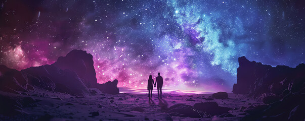 Portray a love story in a sci-fi universe Use a low-angle view to reveal a couple holding hands under a starlit sky on a distant planet Infuse the scene with a sense of wonder and 