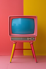 A sleek pastel television broadcasts vivid pop art images each frame a minimalist yet colorful tribute to a vibrant artistic era. Generative ai.