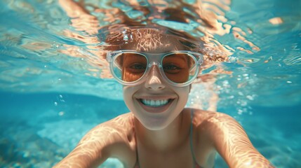 Funny young girl in sunglasses swimming in the sea, capturing joyful summer moments