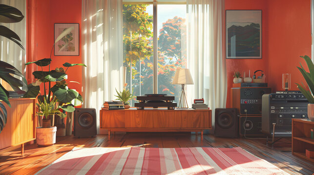 Mid-century room, a vintage record player on a wooden table, surrounded by lush indoor plants. Sounds of music recorded on a vinyl disk in a retro living room. Genenrativ ai.