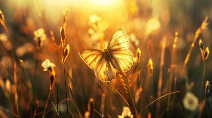 Golden butterfly glowing in sunset rays: romantic macro shot with wild meadow grass in summer sunlight - artistic nature photography