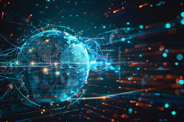 Obraz premium Digital representation of a glowing global network showcasing international connectivity and data exchange across the world. The world is being driven by AI technology and large amounts of data.