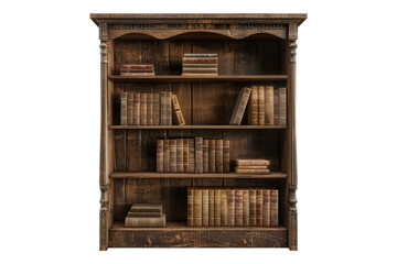 Vintage wooden bookcase with books isolated on transparent background