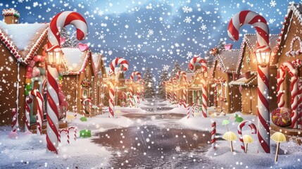 Whimsical Candy Cane Lane with Snowfall at Twilight