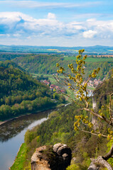 Beautiful summer view of Elbe river from Bastei view pont. Colorful morning scene of Saxon Switzerland national park, Germany, Europe.