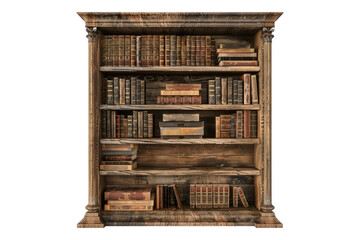 Vintage wooden bookcase with books isolated on transparent background