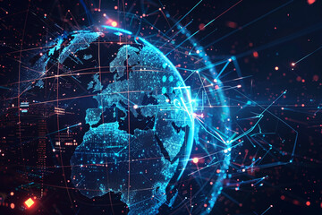 Digital representation of a glowing global network showcasing international connectivity and data exchange across the world. The world is being driven by AI technology and large amounts of data.