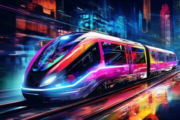 Fototapeta premium Vibrant neon lights illuminate the futuristic cityscape as a high-speed train streaks through the bustling city center, digital painting the dynamic energy of urban life.