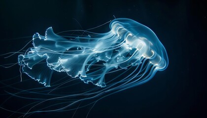 An ethereal jellyfish glowing and drifting through the dark waters of a deepsea canyon