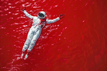Spaceman floating in red liquid pool with arms raised up in futuristic space exploration simulation experiment