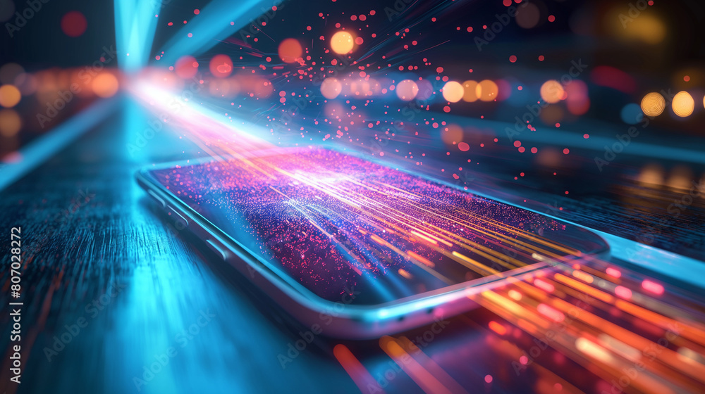 Poster smart phone speed internet data, line represent speed internet data internet and network, blue backg