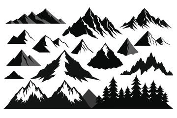 hand drawn vector silhouettes of mountains. Rocky range landscape shape. Hiking mountains peaks Silhouette Design with white Background and Vector