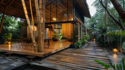 A bamboo house situated on a wooden deck, enclosed by lush greenery and plants.
