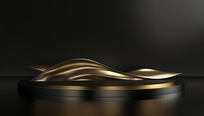 A luxurious black and gold podium for showcasing products, featuring a wave design on a dark platform, ideal for events, beauty presentations, and showcase scenarios