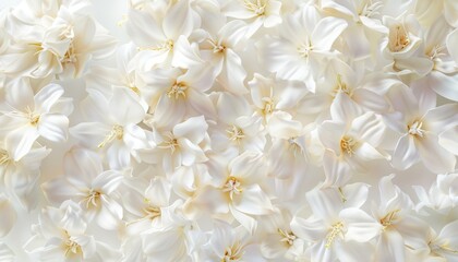 A top-view background of a white floral arrangement, ideal for wedding or bridal invitations, providing a clean and elegant space for mockup designs