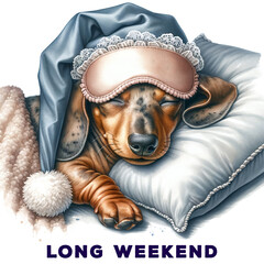 Portrait of Cute baby sleeping dog Dachshund with funny quote Long weekend as T- shirt print, world sleep day poster, pillow design
