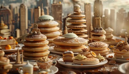 Fototapeta premium An imaginative breakfast spread where pancakes resemble flying saucers and waffles look like cityscapes