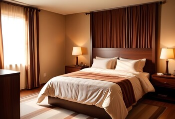  A modern bedroom with a large bed, wooden nightstands, and striped curtains