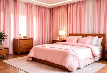  A modern bedroom with a large bed, wooden nightstands, and striped curtains
