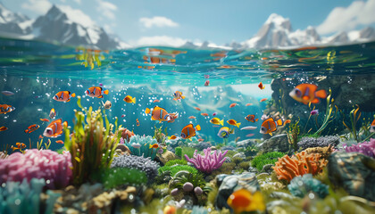 Transport your audience to a mesmerizing world below the surface, where whimsical sea creatures and fantastical landscapes meet, rendered in ethereal CG 3D perfection