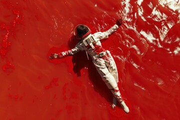 Man in space suit laying in pool of red liquid with blood on face, depicting a scene of potential danger or disaster