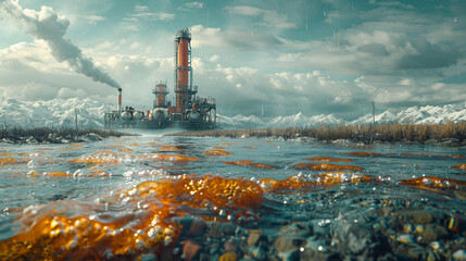 A vast industrial complex with towering pipes and chimneys spewing steam against a night sky, illuminated by the glow of its energy production