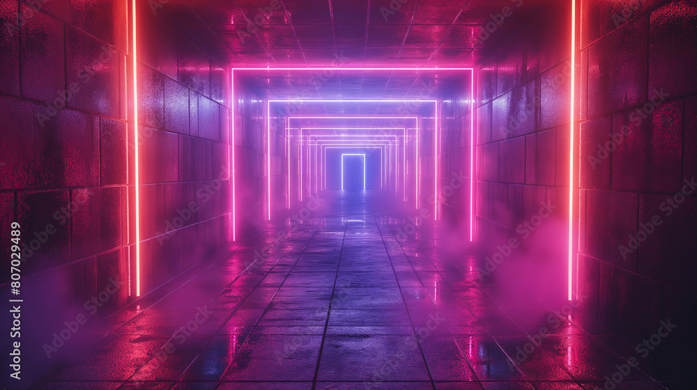 Poster abstract neon lines. glowing mesh with static. cyberpunk signboard.