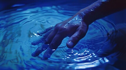 Closeup view of a hand in a rippling blue pool of water, creating soothing and peaceful waves