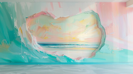 Whimsical Heart-Shaped Window to a Pastel Beach: Abstract Art on Canvas for Romantic Decor