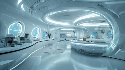 Fototapeta premium Capture the panoramic view of a futuristic laboratory kitchen, showcasing high-tech gadgets blending seamlessly with culinary artistry under sleek, ambient lighting