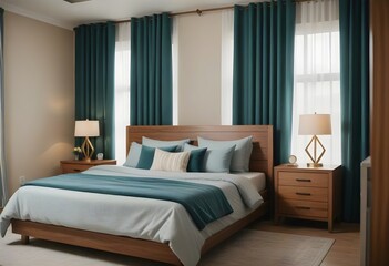  A modern bedroom with a large bed, wooden nightstands, and striped curtains