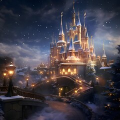 Fairy tale castle in a winter night. 3D illustration.