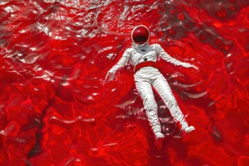 Man in white astronaut suit floating in red liquid, surreal concept art with science fiction theme