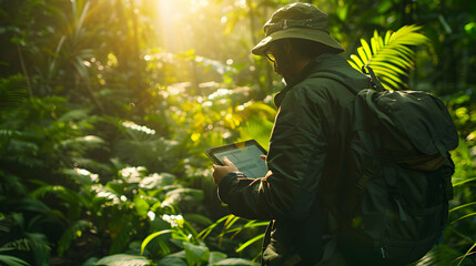 Biologist recording wildlife observations on tablet in dense forest for biodiversity research   Ultra realistic concept