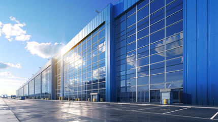 Fototapeta premium A large blue warehouse with an exterior of metal panels and glass windows, set against the backdrop of clear skies on a sunny day. The building is positioned in front of a parking lot