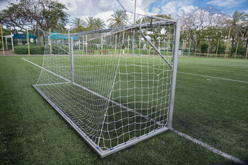 Perspective view from the side of the goal on the soccer field in the public park of Raanana, Israel. © Uri Gordon