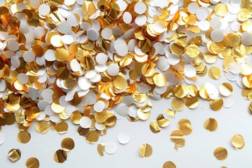 gold and white confetti scattered on a white background.