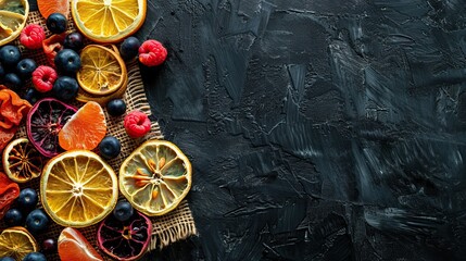 Beautiful mixture of dried fruits on a dark stone background. Food advertising. Banner, menu.