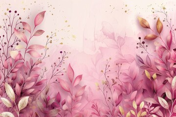 Delicate pink and gold leaves on a white background create a beautiful and elegant design.