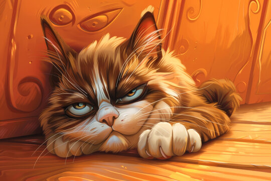 Cartoon Caricature of a Grumpy Cat.  Generated Image.  A digital illustration of a cartoon caricature of a grumpy older cat indoors.