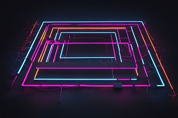 Fototapeta premium Neon light abstract background. Neon glowing lights stage with 80s retro art. Laser lines and LED technology create glow in dark room. Synthwave style wallpaper background. Cyber club.