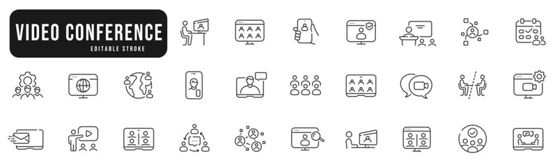 Set of online meeting related line icons. Conference, video call, group, presentation etc. Editable stroke