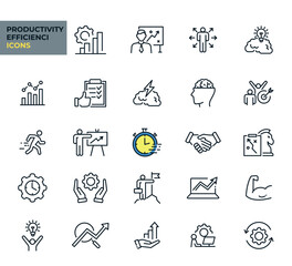 Productivity and Efficiency web icons line style. Collection, business, success, goal, planning, process, performance. Vector illustration