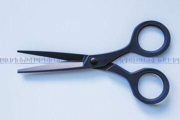 A black scissors cutting through a white measuring tape. 
