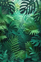 Green tropical leaves paper cut style background