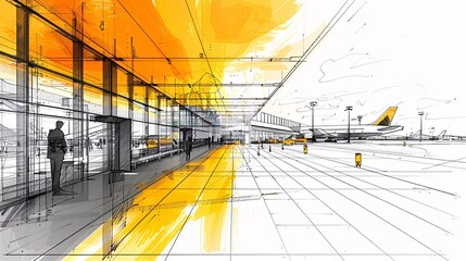 Hand-drawn modern airport in black and yellow fineliner pen. Ample space for accompanying text