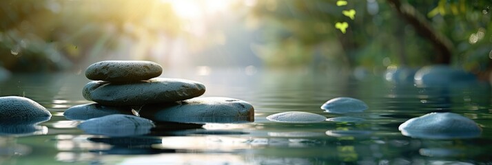 japanese water stones with blurred water background, yoga relaxation concept banner