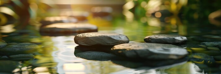 japanese water stones with blurred water background, yoga relaxation concept banner