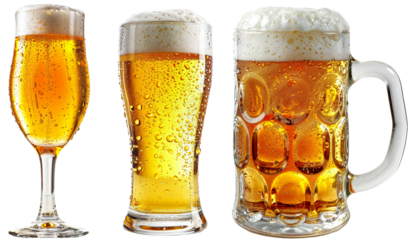 Fresh cool beer bundle in different glass types, isolated on a transparent background