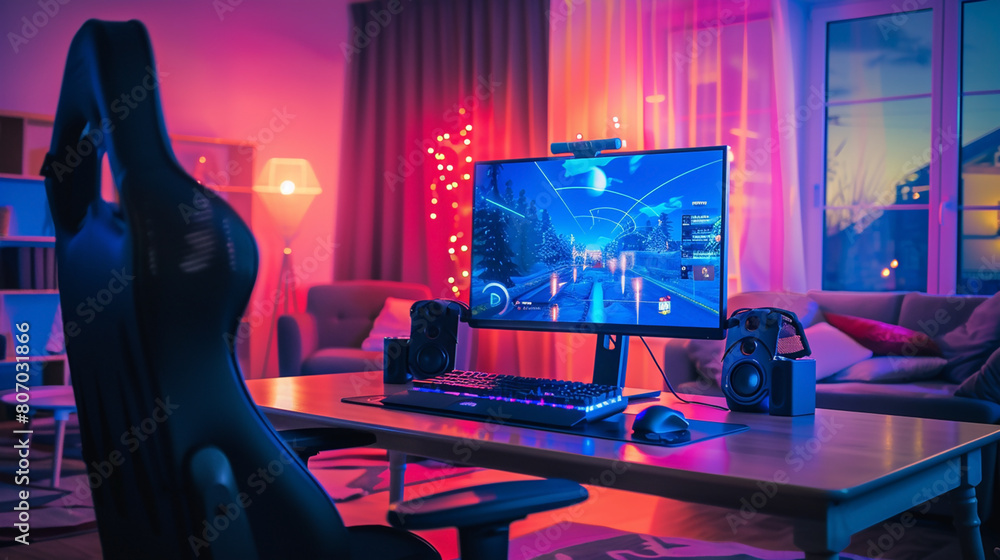 Poster wide gaming console table image with colorful neon busy room background, pc computer screens with he